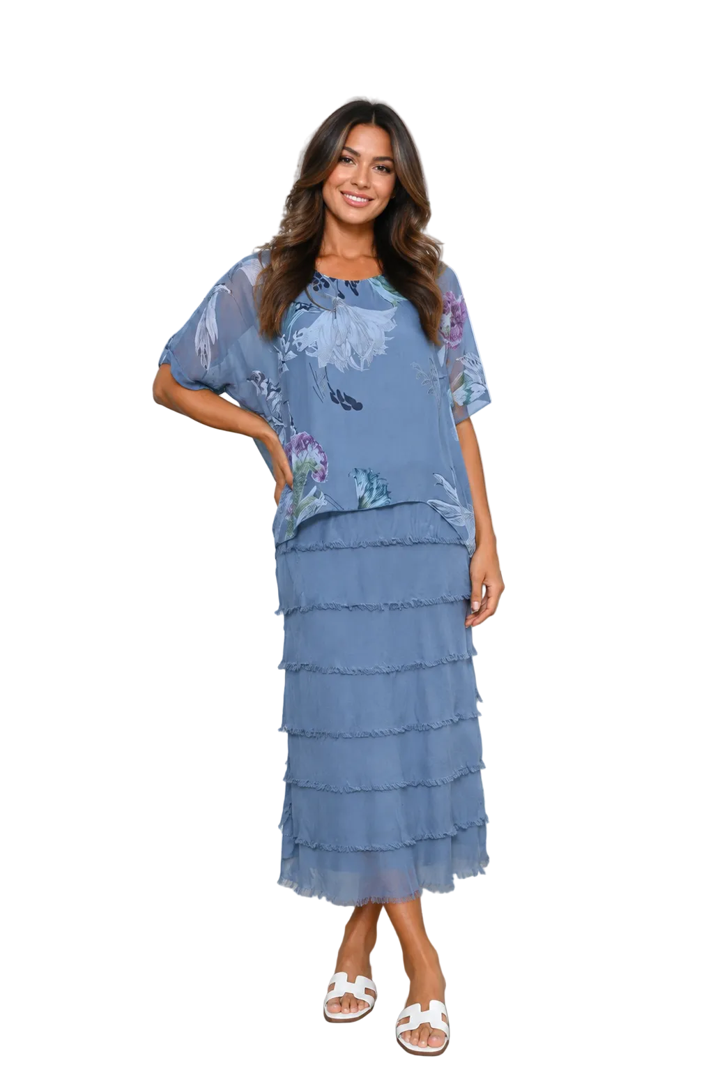 AE213 Denim Layered Silk Dress