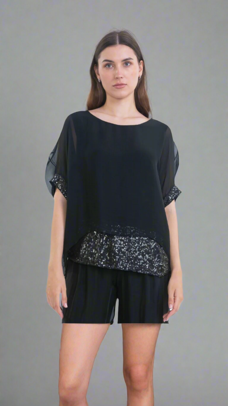 BLACK Vera Sequin trim Silk Top