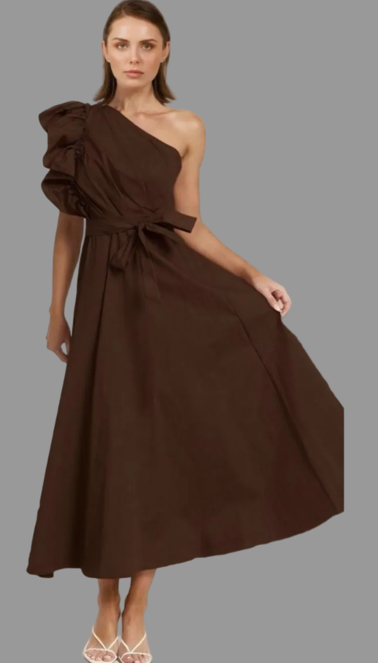 One Shoulder Brown Maxi