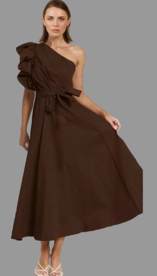 One Shoulder Brown Maxi
