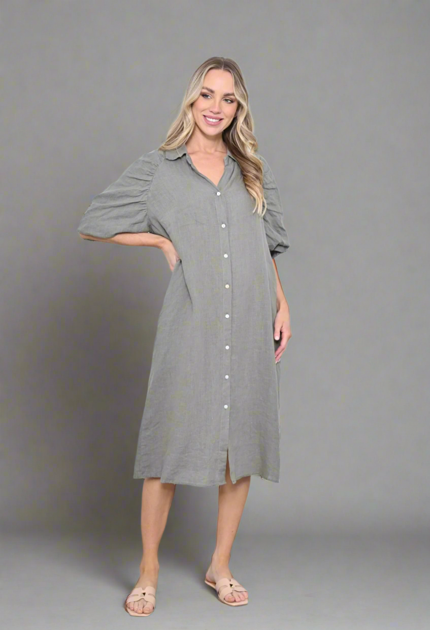 Khaki Puff Sleeve Dress