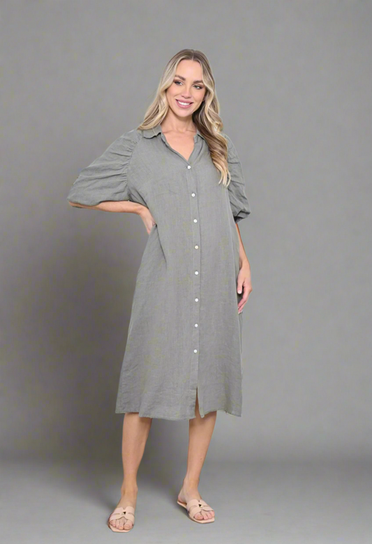 Khaki Puff Sleeve Dress