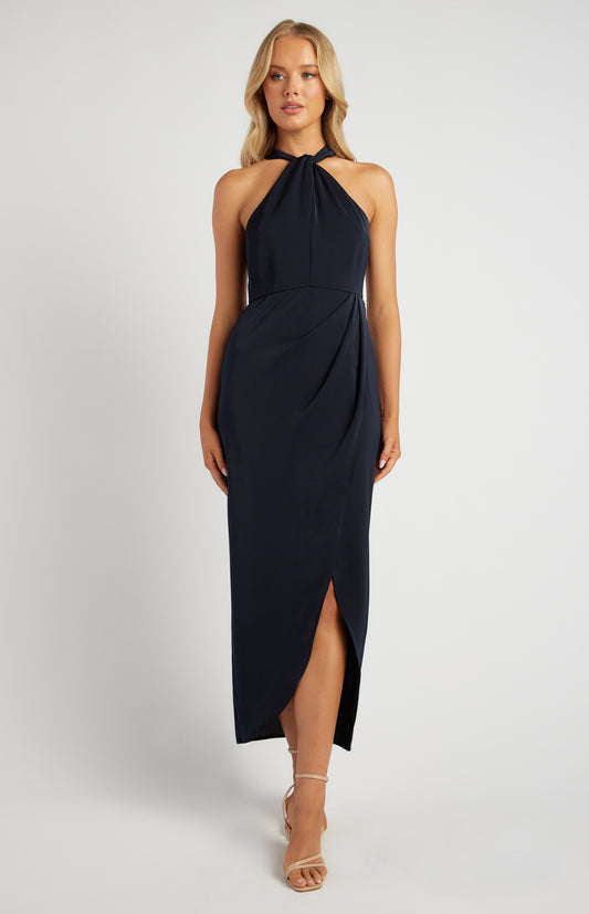 Halter Neckline Satin Midi Dress with Tulip Hem Detail