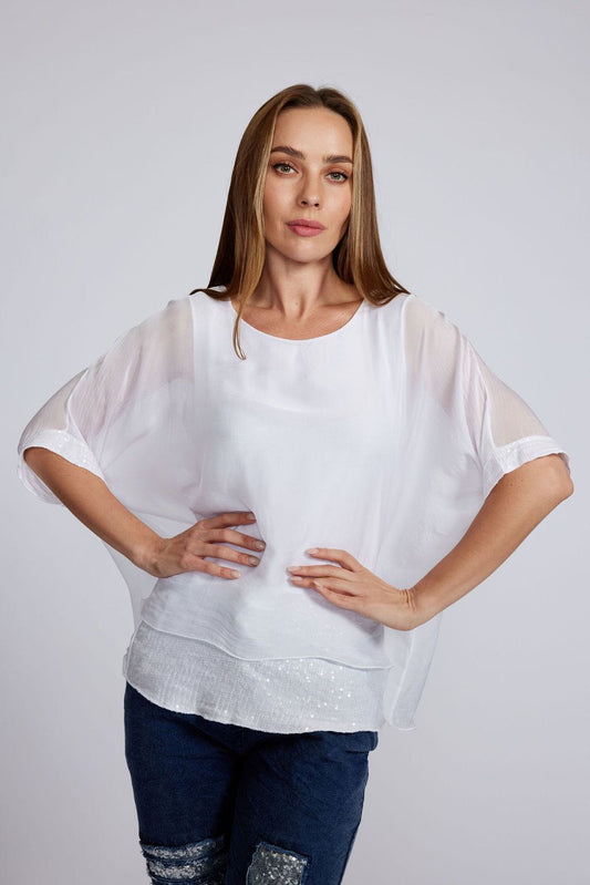 Sequin Trim Silk Top